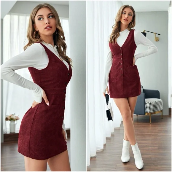 Brown Button down corduroy pocket mini dress - Picture 11 of 12